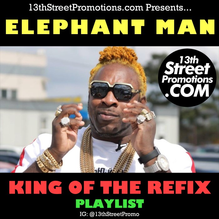 Jamaica, dancehall, Music, Blog, 13thStreetPromotions, 13thStreetPromo, Elephant Man, Elephant Man Jamaica, Remix, Refix, King Of The Refix, Spotify, Spotify Playlist, Caribbean, Di Energy God,