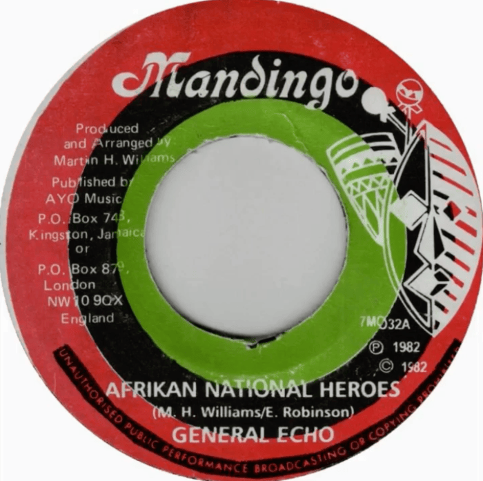 General Echo "Afrikan National Heroes" on 13thStreetPromotions.com #Jamaica #Reggae #Music #13thStreetPromotions #GeneralEcho #AfrikanNationalHeroes #1982 #MartinHWilliams #MandingoLabel #MandingoHotsteppers #Riddim #OldiesSunday #Oldies #OldSchool #NationalHeroesDay #Caribbean